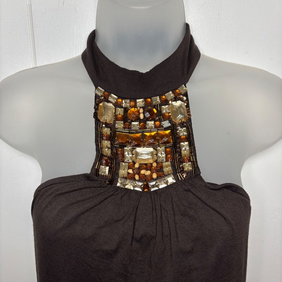 Cache Tops - Y2K Cache Brown Embellished Halter Mock Neck Top Size S Beaded Jersey Knit